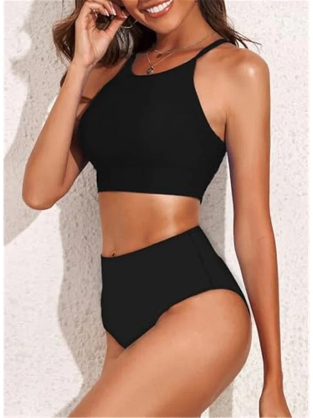 High Neck Tropical Leaf Print High Waisted Two Piece Push Up Bikini Set Black